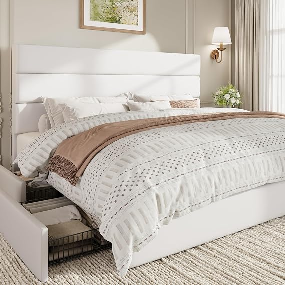 SHA CERLIN King Size Platform Bed Frame with 4 Storage Drawers, White