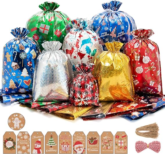 TIANSTIAL Christmas Gift Bags, 40Pcs Drawstring Gift Bags for Presents with 50Pcs Kraft Paper Tags and 2 Rolls 392in Ribbon Ties, 8 Designs Assorted Bags with 5 Different Sizes for Decorations
