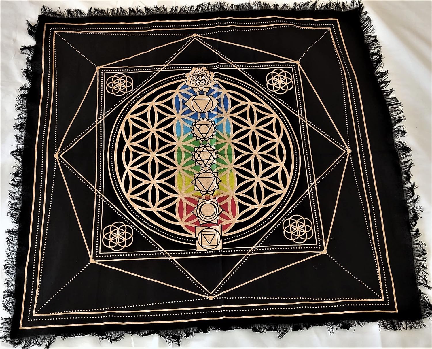 Sophia-Art 7 Chakra Alter Cloth Table Napkins Witchcraft Supplies Black Gold Tablecloth Hexa Altar Cover Tarot Spread Witchcraft 18x18 inches 45 by 45 CM