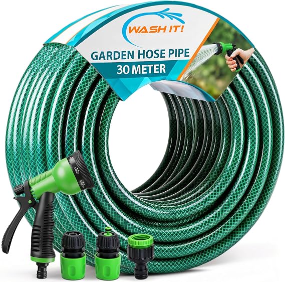 Garden Hose Pipe with Connectors and Hosepipe Spray Gun - Reinforced Garden Hose Set Including Adjustable Hosepipe Spray Gun, Tap Connector and 2 Couplers for Plant Watering and Car Washing (30m)