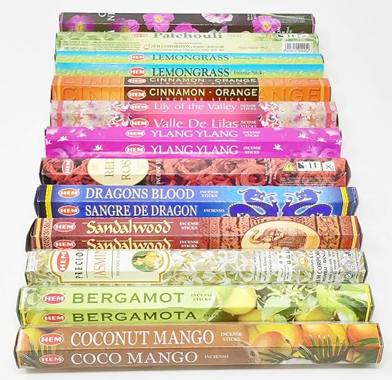 HEM Incense Sticks Assorted Fragrance Gift Set with JRose Wooden Incense Holder, 12 Packs, 240 Incense Sticks Total, Sandalwood, Dragon's Blood, Jasmine, Patchouli & More for Home Fragrance