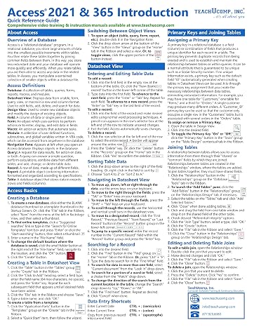 Microsoft Access 2021 and 365 Introduction Quick Reference Training Tutorial Guide (Cheat Sheet of Instructions, Tips & Shortcuts - Laminated Card)