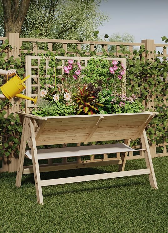 52x30x54in Raised Garden Bed with Legs,Wooden Elevated Raised Garden Beds Outdoor for Growing Vegetables and Herbs,with Trellis for Vine Climbing Plants|Multi-Functional,Natural