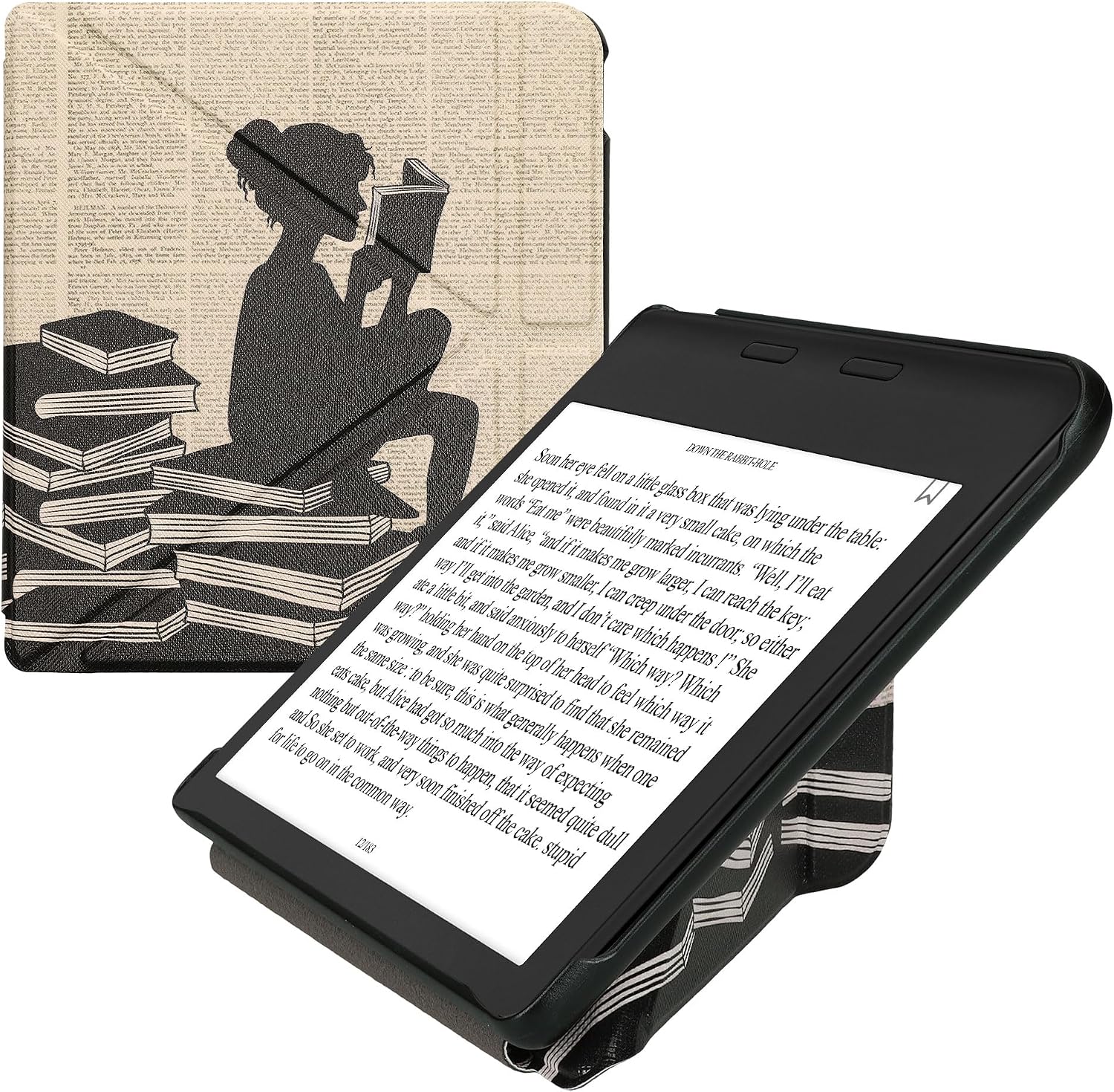 kwmobile Origami Case Compatible with Kobo Libra Colour - Case Slim Premium PU Leather Cover with Stand - Girl and Books BlackBeige