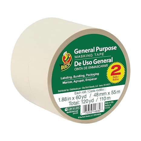 Duck Brand General Purpose Masking Tape 2 in. Wide (1.88 in x 60 yd), Strong Adhesion for Everyday Use, Beige, 2 Roll Pack (241578)