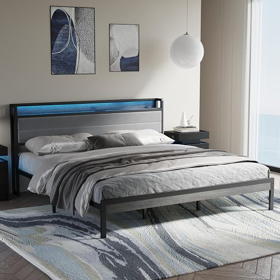 LIKIMIO King Size Bed Frame with Headboard, LED Lights and Charging Station