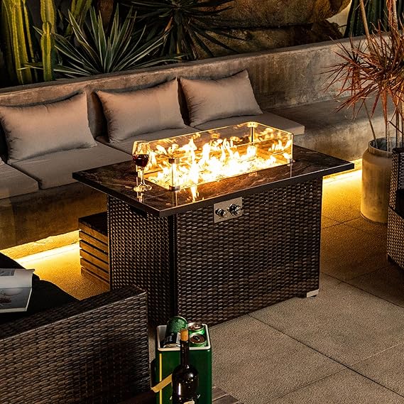 44" Propane Gas Fire Pit Table, 50,000 BTU Outdoor Rectangular Fire Table with Tile Top & Wicker Base, Glass Wind Guard, Cover & Glass Rocks Included, Patio Firepit for Backyard & Deck, Brown