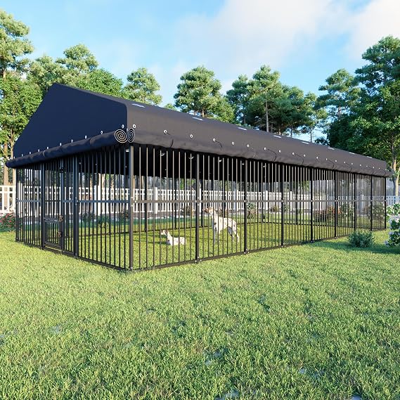 10x20x6.5 FT Large Dog Kennel, Outdoor Dog House with Roof All Weather Resistant Dog Enclosure with Triple Locks, Heavy Duty Outside Dog Cage Metal Secure Fence Playpen (118" W x 238" D x 78" H)