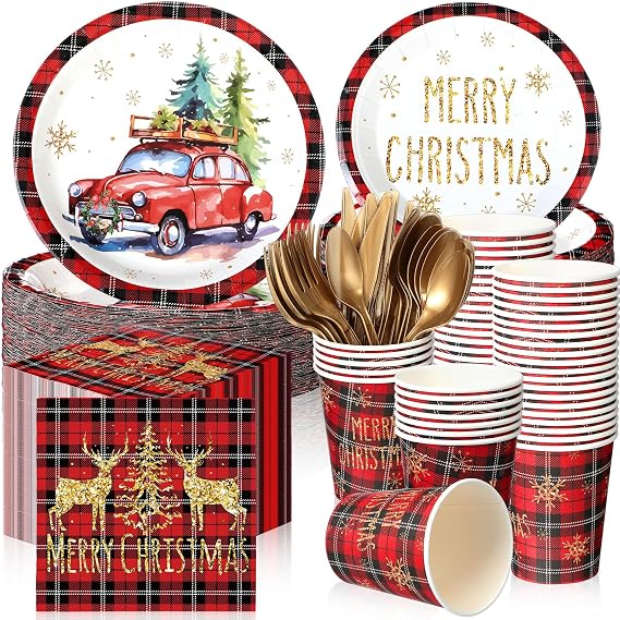 Nitial 240 Pcs Christmas Party Supplies, Red, Plaid Style