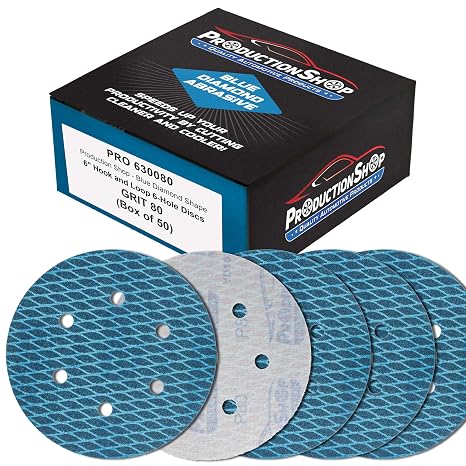 ProductionShop Premium 80 Grit 6" Rhombus Diamond Shape Blue Sanding Discs, 6-Hole, Box of 50 - Hook & Loop Anti-Clogging J-Cloth Dustless Sandpaper for Random Orbital Sanders, Sand Auto Paint, Wood