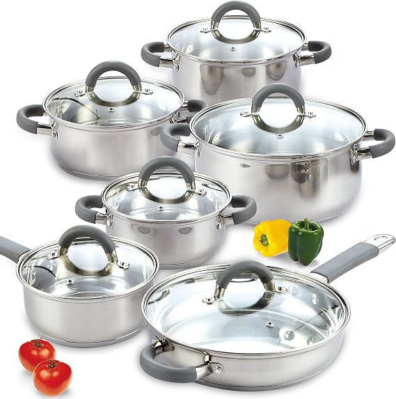 Cook N Home Basics Stainless Steel Cookware Sets, 12-Piece Pots and Pans