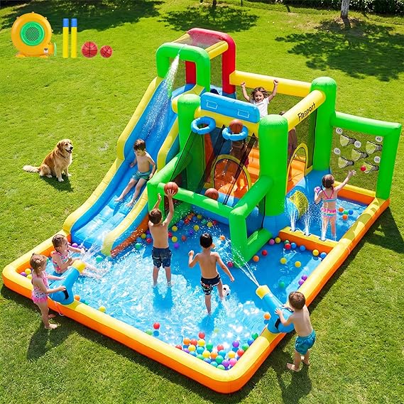 FBSPORT Inflatable Bounce House Water Slide, Bounce House for Kids Indoor Outdoor Bouncy House with 550W Blower, Bounce Castle with Slide Ball Shooting, Water Gun, Splash Pool, Bounce Area, Hose