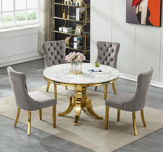Henf Luxury 5-Piece Round Dining Table Set for 4, Modern Faux Marble Kitchen Table Set with 4 Grey Tufted Chairs, 45" White Gold Large Dinner Table and Chairs Set for Kitchen, Dining Room