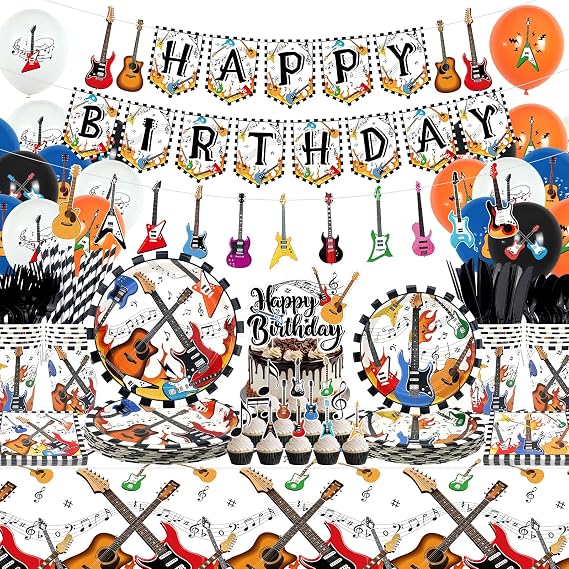 Guitar Birthday Party Supplies Set, Includes Happy Birthday Banner, Plates, Tablecloth, Cups, Balloon and Straws, for Music Instrument Baby Shower Supplies