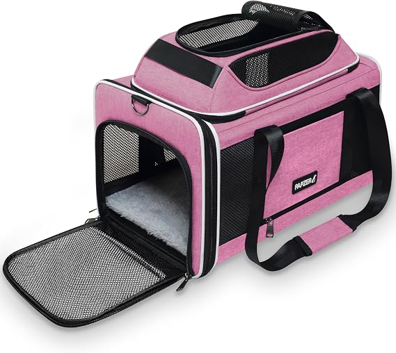 Top-Expandable Cat Carrier 18x11x11, United Delta American Airline Approved | Soft-Sided Small Dog Pet Carry Bag Travel Under-Seat in Cabin, Puppy Airplane Crate 10lbs TSA Plane Kitten Cage Kennel Pink