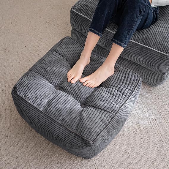 HIGOGOGO Square Stuffed Pouf Ottoman, Corduroy Poufs with Foam Chunk Filling, Furry and Fluffy Pouf Foot Stool Storage Ottoman, 25.6 X 25.6 Floor Poufs Foot Rest for Living Room, Dark Grey