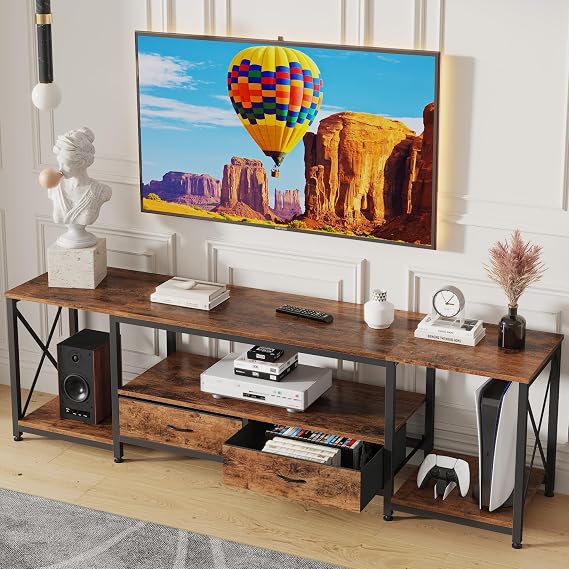 GYIIYUO TV Stand with Fabric Drawer for 55 60 65 Inches TV - Entertainment Center and Industrial TV Console Table with Open Storage Shelves for Living Room, Bedroom- 55" Rustic Brown