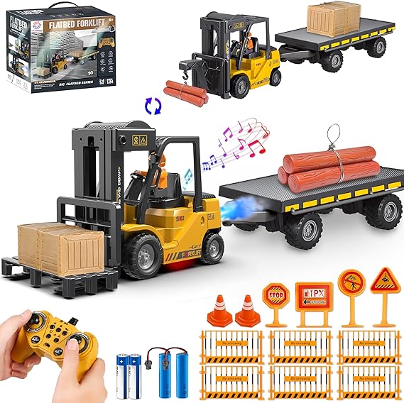 3 in 1 RC Forklift Toy with Trailer & Fork & Hook,Traffic Sign Set | 1:24 Scale, 2 Battery, Cargo & Pallet Accessory, Realistic Spray & Light & Sound, 11 CH RC Construction Vehicles for Kids 6+