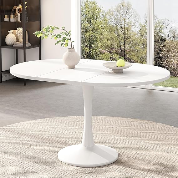 Round Extendable Dining Table, White Kitchen Tables with Smooth Extension Mechanism, Extendable Dining Table 4-6 Seater, Small Dining Tables for Dining Room, Kitchen, White(No Chair)