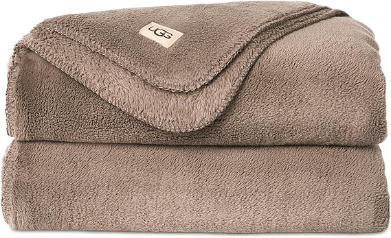UGG Throw Blanket Fleece Lightweight Soft Cozy Throw for Bed or Chair, Luxury Home Decor, Giftable Christmas Blankets, Machine Washable, 50-inch x 70-inch, Light Fawn Brown