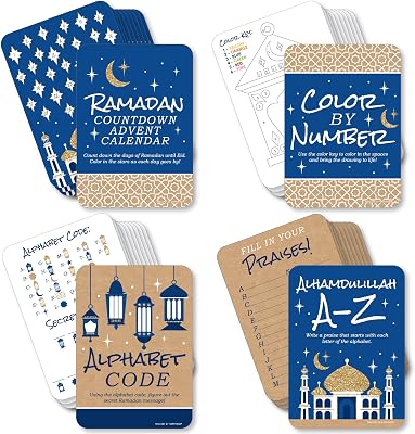 Big Dot of Happiness Ramadan - 4 Eid Mubarak Party Games - 10 Cards Each - Countdown Advent Calendar, Alhamdulillah A-Z, Alphabet Code and Color by Number - Gamerific Bundle