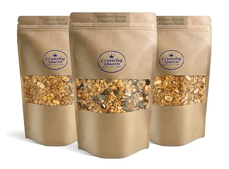 Protein-Knuspermüsli Probierpaket Sparpaket 30% Eiweiß Handgemacht High Protein & Low Carb Müsli Vegan Müsli ohne Zucker Erdnussmus 3x 340g Packung
