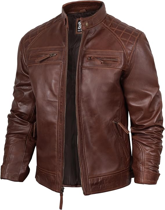 fjackets Mens Leather Jacket Moto Style Real Lambskin Leather Jacket, Quilted Cafe Racer Classic Zip Up Biker Jacket for Men