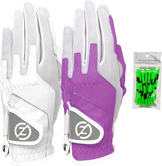 Zero Friction Ladies Compression-Fit Synthetic Golf Glove 2 Pack, Includes free tee pack, Universal-Fit