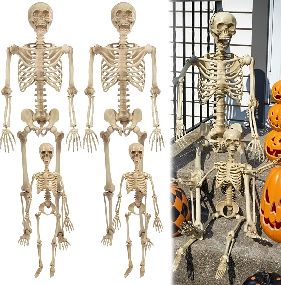 Posable Life Size Human Skeleton Family 4pk- 2 Adult (5'4") & 2 Children (2')- Halloween Prop Indoor Outdoor Decorations w Bending Articulated Bones | Value pack of weather resistant human skeletons with articulated, movable limbs for indoor or outdoor props and graveyards