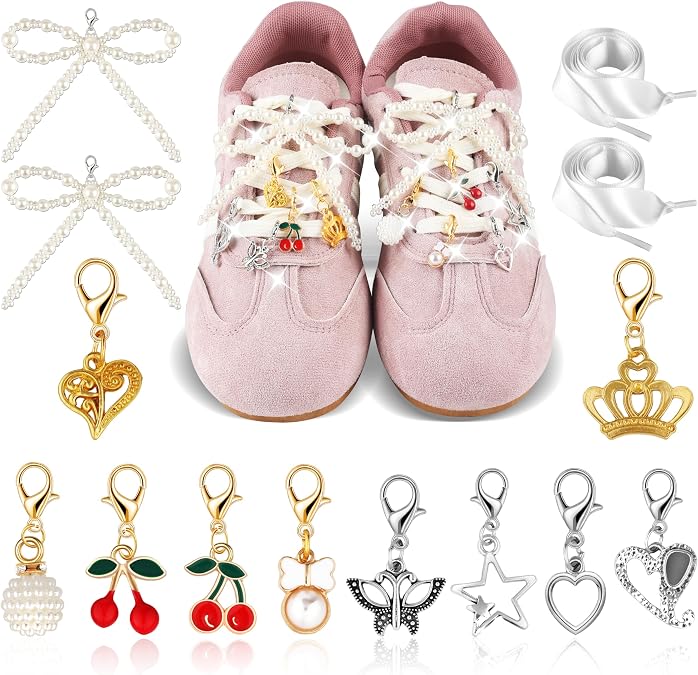 14Pcs Pearl Bow Shoe Charms for Sneakers Decoration Shoe Lace Charms Sneakers Elegant Pearl Buckle Dress Sneakers Accessories for Women Girls Bead Chain Shoelace Charm DIY Y2k Accessories