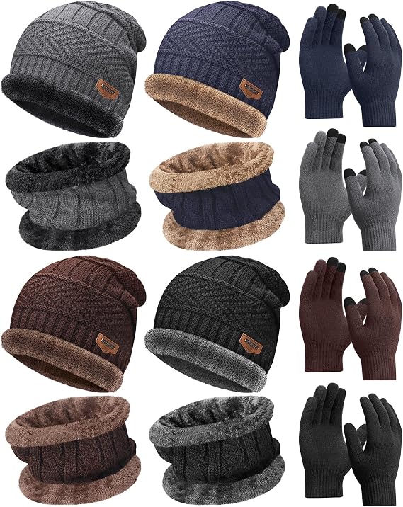 Liitrsh 4 Set Winter Hat Glove Scarf for Kids Knit Fleece Lined Windproof