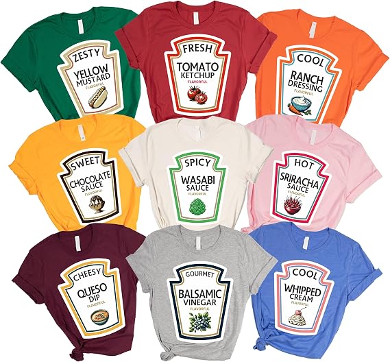 Halloween Family Shirts Matching Group Costume T-Shirts, Funny Condiment Costume Shirts, Tomato Ketchup, Yellow Mustard, Hot Sauce, Soy Sauce, Family or Friends Halloween Party Fashion Outfits
