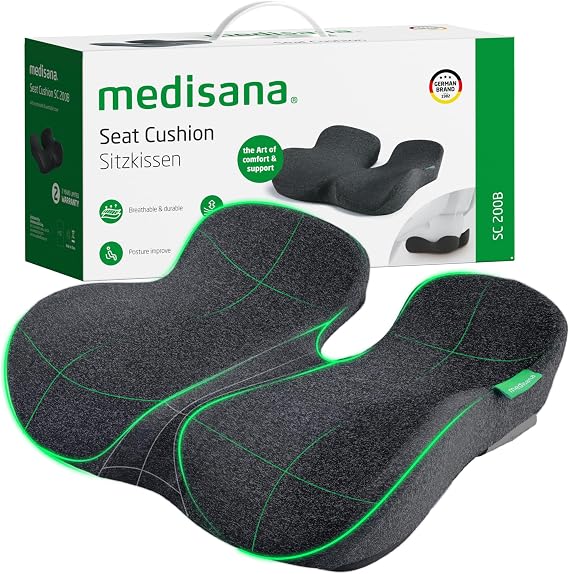 Medisana Seat Cushion, SC 200B Seat Cushions for Office Chairs, Car Seat, Wheelchair - Sciatica & Tailbone & Coccyx Pain Relief Pillow for Driver Sedentary People(Size:22.8 * 16.5 * 4.3 in-Black)