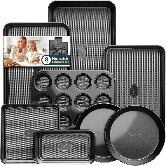 Nonstick Baking Pans Set, 8-Piece Stackable Bakeware Sets, Oven Pan Set | Non-Toxic Pan Set, Includes Baking Sheet, Cake Pan, Muffin Pan, Loaf Pan, Square Pan, Cookie Sheet & Roasting Pan, Black