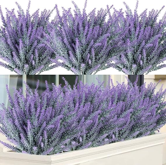 Ouddy Decor 12 Pcs Artificial Lavender Fake Flowers Outdoors, Gray Purple | Realistic, faux plastic plants, UV resistant, for home wedding garden patio window table centerpieces indoor outdoor decor