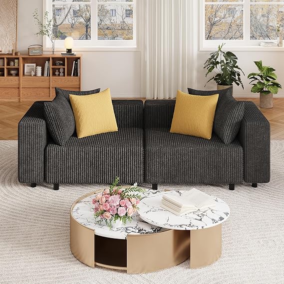 Modern Oversized Modular Sectional Sofa, Boneless Cloud Loveseat with Legs, Corduroy Big Comfy Deep Seat Sofa for Living Room & Apartment(Dark