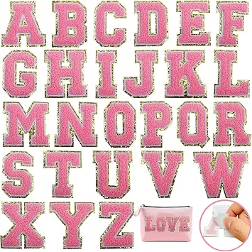 26 Pieces Self Adhesive Chenille Letter Patches,Iron on Letter Patches,Glitter Varsity Letter Patches,Letter A-Z Iron On Patches Applique Patches for DIY Shirts Shoes Jeans Backpacks Hats (Pink)