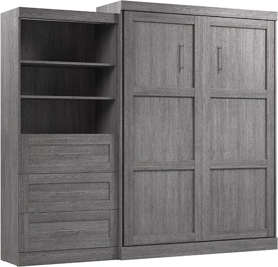 Bestar Pur Queen Murphy Bed and Shelving Unit with Drawers, 101-inch Space-Saving Wall Bed | Shelving Unit with Drawers; supports up to 1000 lb; min. ceiling height 91.1 in.; dual piston mechanism;