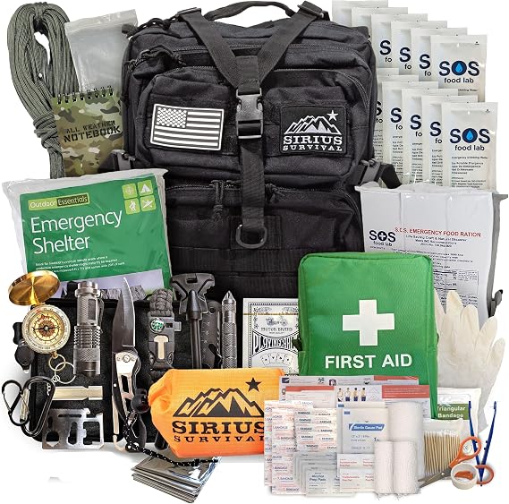 Sirius: Bug Out Bag Starter Kit - 72 Hour Kit for 1 Person Backpack Survival Kit 50L Tactical Backpack, US Made Food & Water, Medical Supplies & Survival Tools