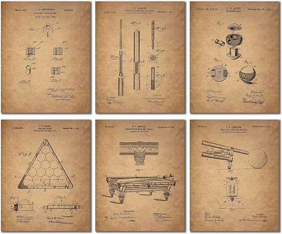 BigWig Prints Billiards Patent Wall Art - Vintage Pool Table and Cue Stick Blueprint Prints, Historical Billiards Artwork, Rustic Game Room Decor, Pool Hall Wall Art - Unframed Set of 6 (8x10)