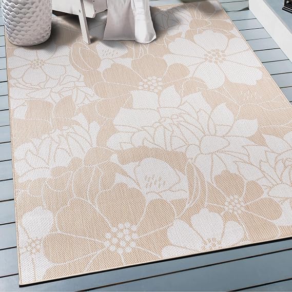 Rugshop Modern Floral Flowers Textured Flat Weave Easy Cleaning Outdoor Rugs for Deck,Patio,Backyard Indoor/Outdoor Area Rug 5' x 7' Natural