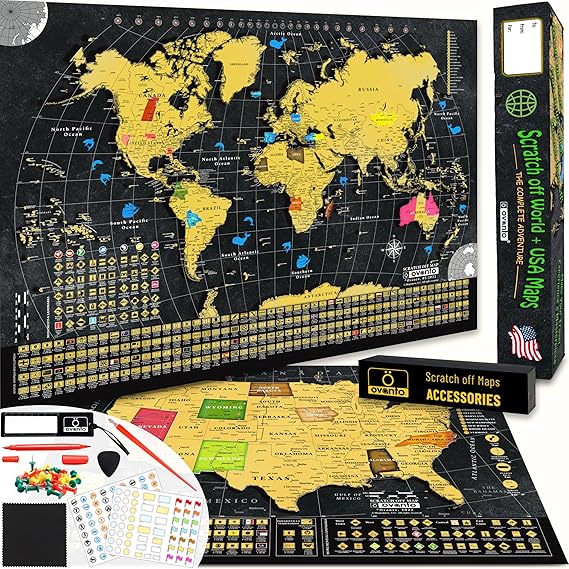 OVANTO Scratch Off World Map  USA Map 17x24 Wall Travel Posters with 196 Flags, Gold Foil, Pins & Accessories Premium Gift Box for Travelers, Couples, Home or Office Decor