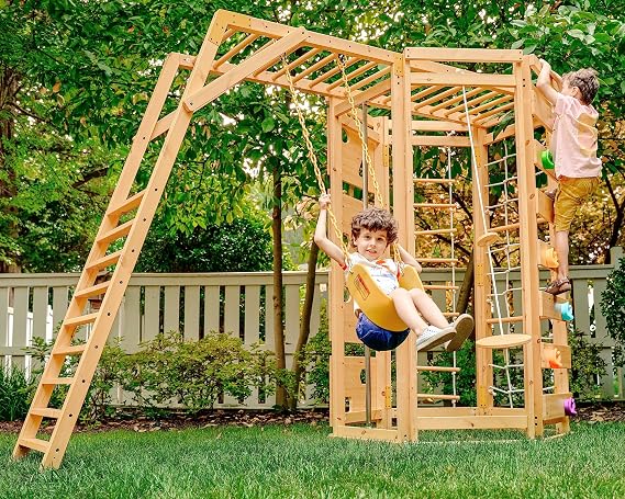 Avenlur Hawthorn 9-in-1 Outdoor Activity Center | Swing, Rock Wall, Monkey Bars | Ages 3-11 | Pine Wood Construction | Climbing Rope, Net Wall | Strength, Coordination, and Imagination-Boosting Fun