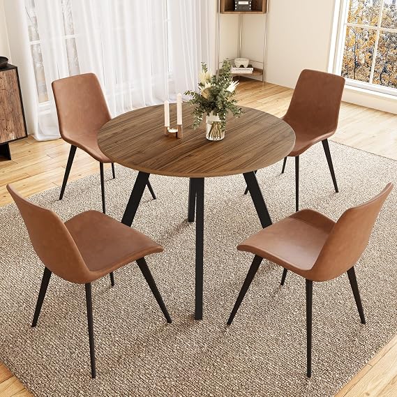 Zerifevni 34.6'' Round Dining Table and Chairs for 4 Space Saving for Apartment Kitchen Dining Room (Walnut Table+4 Brown Chairs)