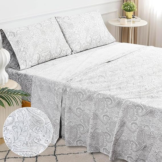 Sleepdown 100% Cotton Sheets for Full Size Bed, Ultra Soft 4 Pcs Percale Weave Full Size Bed Sheets, Cool & Crisp Full Size Sheets, 16" Deep Pocket Bed Sheets Full Size (Paisley Gray, Full Sheet Set)
