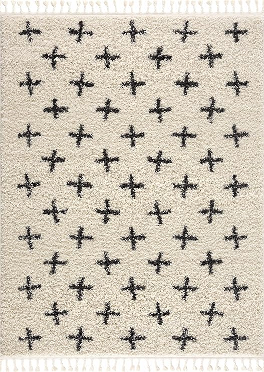 Hauteloom Geomara Farmhouse Swiss Cross Geometric Shag Area Rug - Fluffy High Pile Super Soft Rug with Tassels for Living Room, Bedroom, Dining Room - Cream, Beige, Black - 2' x 3'